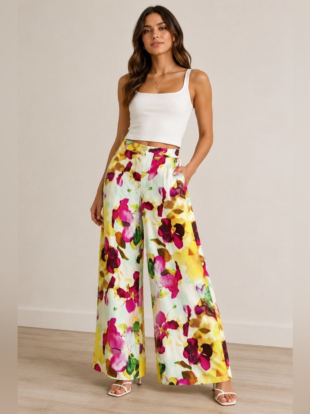NWT! Zara Floral Wide Leg Palazzo Pants Watercolor Print High Rise Trousers M